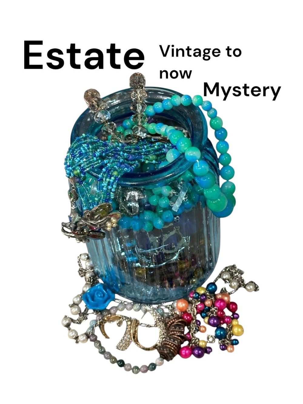 Estate Jewelry Blue Glass Jar Filled with Turquoise & Aqua Beaded Jewelry - Picture 1 of 7